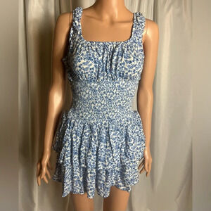 Bloomfield Blue White Floral Smocked Mini Dress Sleeveless Tiered Skirt L